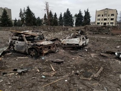 The destruction by Russian airstrikes and artillery fire on the residential centers in the cit...jpg